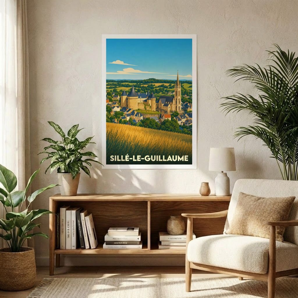 Affiche souvenir de la ville de Sillé-le-Guillaume avec une illustration stylisée.