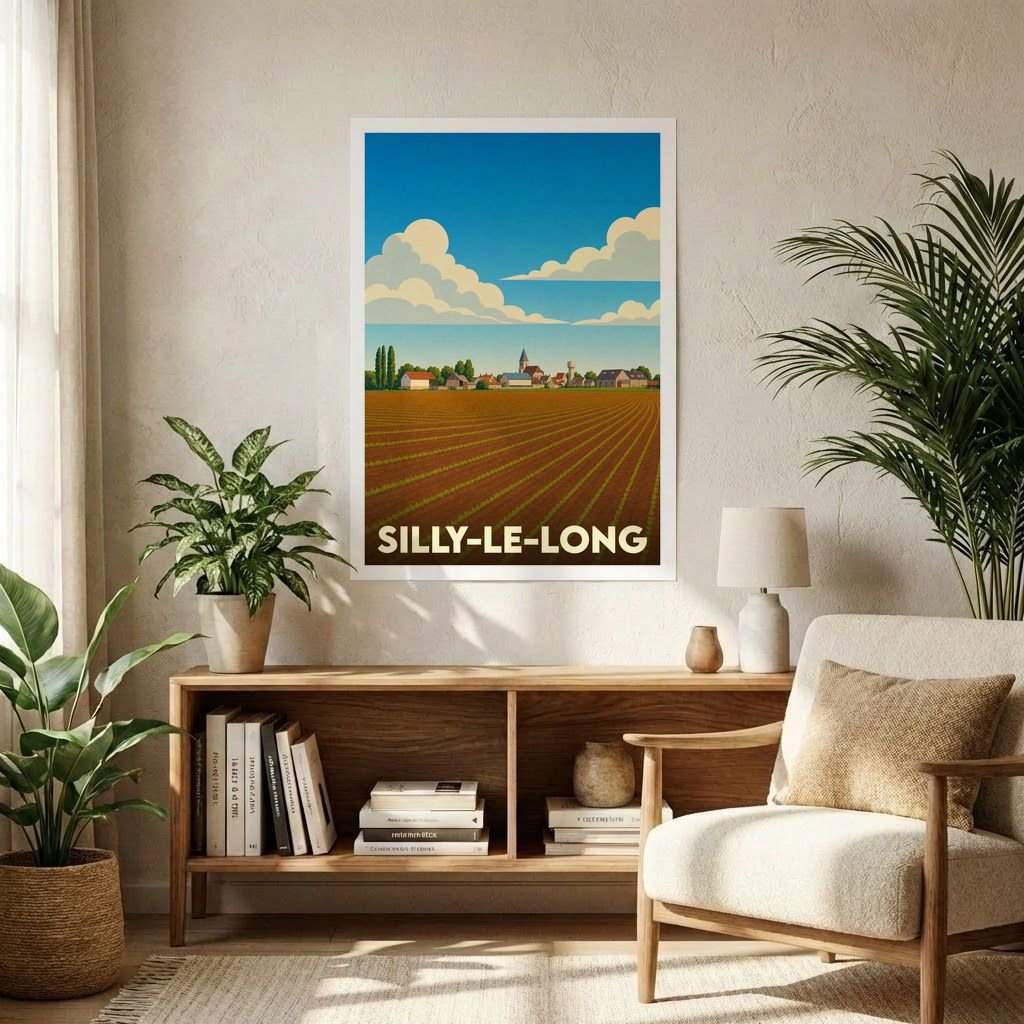 Affiche souvenir de la ville de Silly-le-Long avec une illustration de paysages agricoles au style vintage.