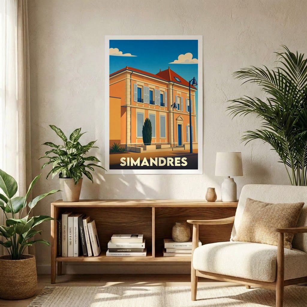Affiche souvenir de la ville de Simandres avec une illustration architecturale stylisée.