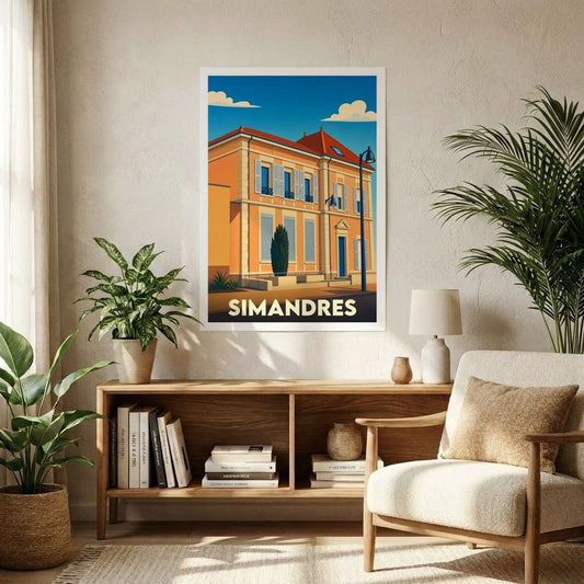 Affiche souvenir de la ville de Simandres avec une illustration architecturale stylisée.