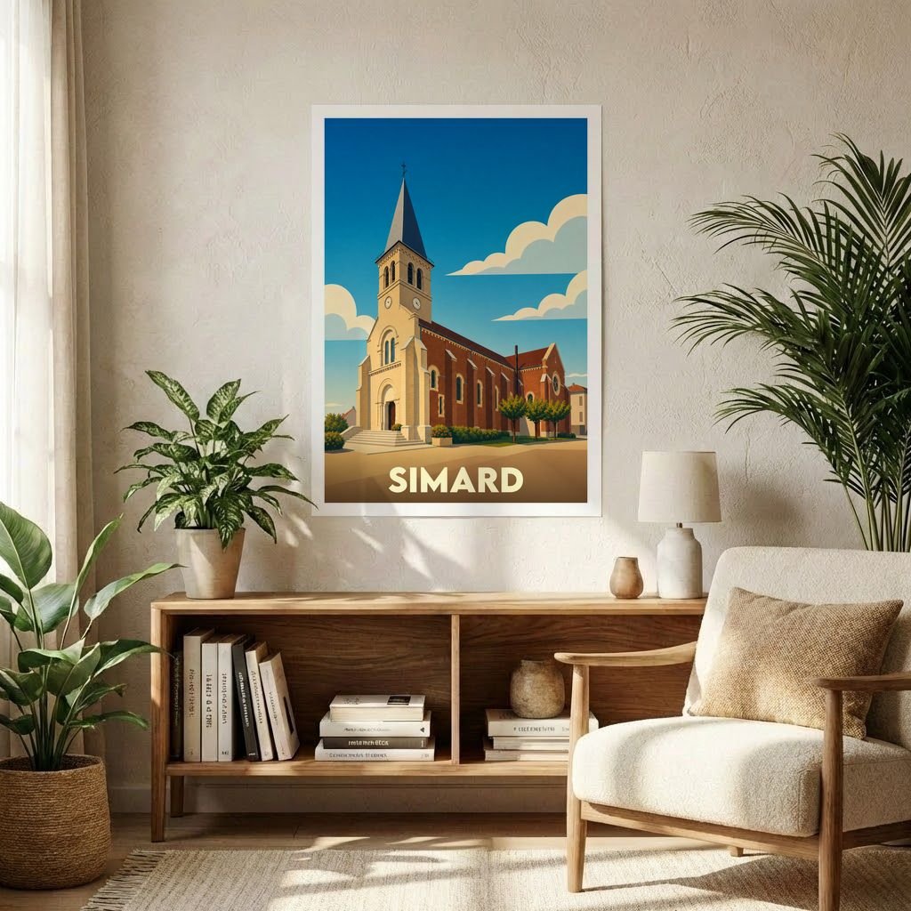 Affiche souvenir de la ville de Simard illustrant son église dans un style graphique rétro.