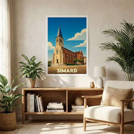 Affiche souvenir de la ville de Simard illustrant son église dans un style graphique rétro.