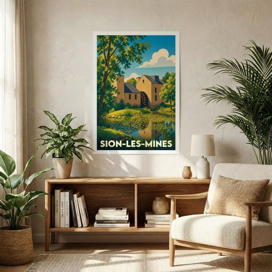 Affiche souvenir de la ville de Sion-les-Mines avec une illustration stylisée d'un moulin à eau.