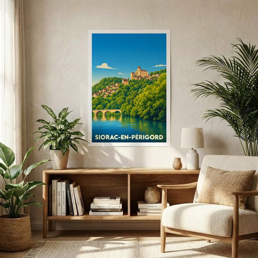 Affiche souvenir de la ville de Siorac-en-Périgord avec une illustration stylisée d'un paysage fluvial et de son château.