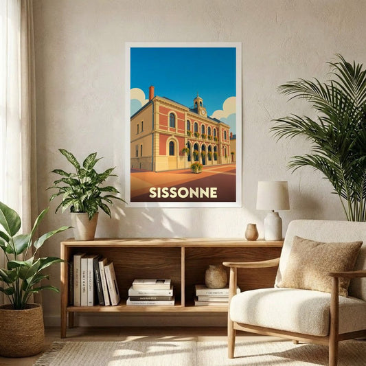 Affiche souvenir de la ville de Sissonne avec une illustration stylisée de son hôtel de ville.