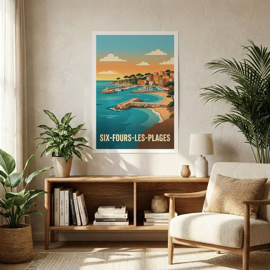 Affiche souvenir de la ville de Six-Fours-les-Plages avec une illustration stylisée de son littoral.