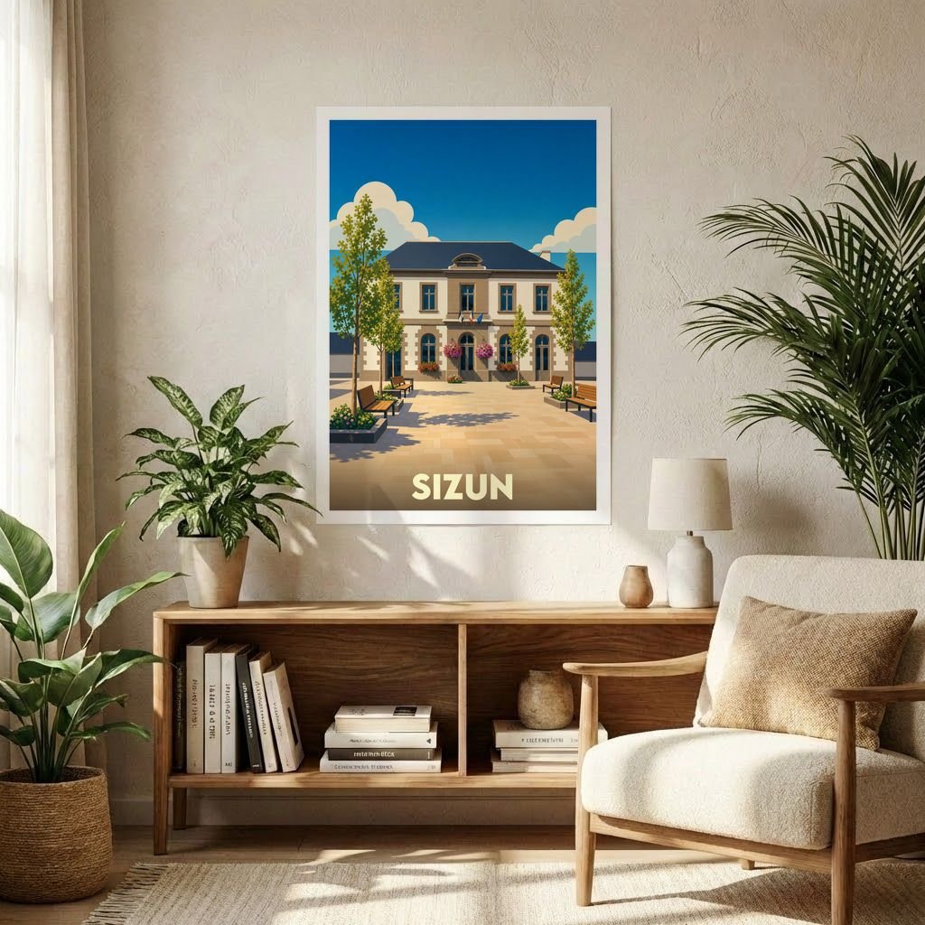 Affiche souvenir de la ville de Sizun avec une illustration stylisée et colorée.