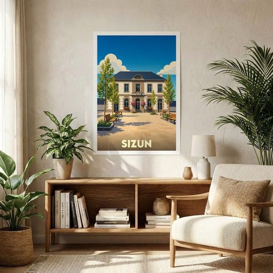 Affiche souvenir de la ville de Sizun avec une illustration stylisée et colorée.