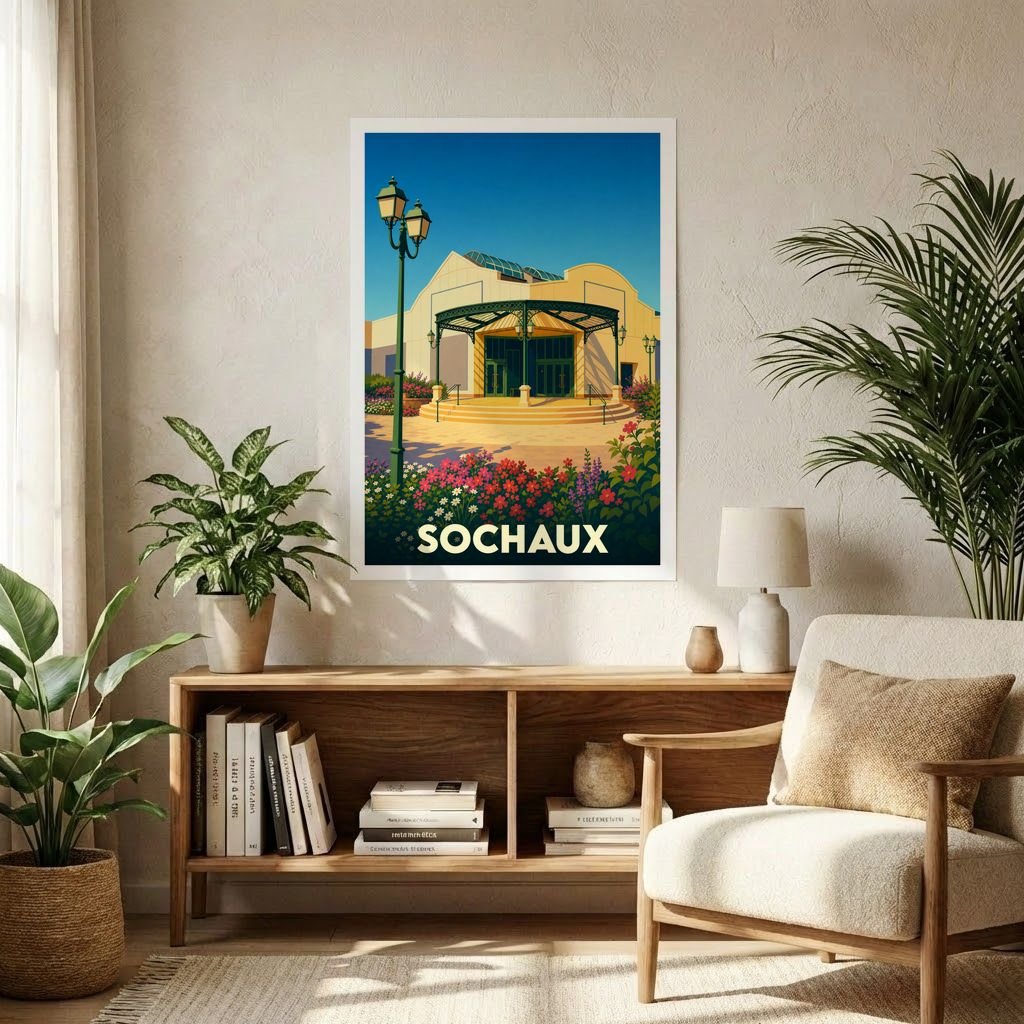 Affiche souvenir de la ville de Sochaux représentant une illustration stylisée et colorée de son patrimoine architectural.