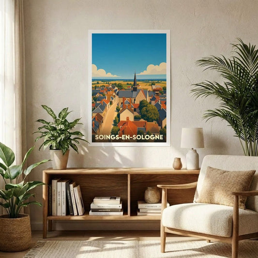 Affiche souvenir de la ville de Soings-en-Sologne avec une illustration stylisée.