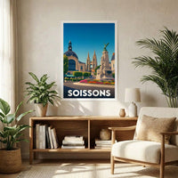 Affiche souvenir de la ville de Soissons avec une illustration stylisée.