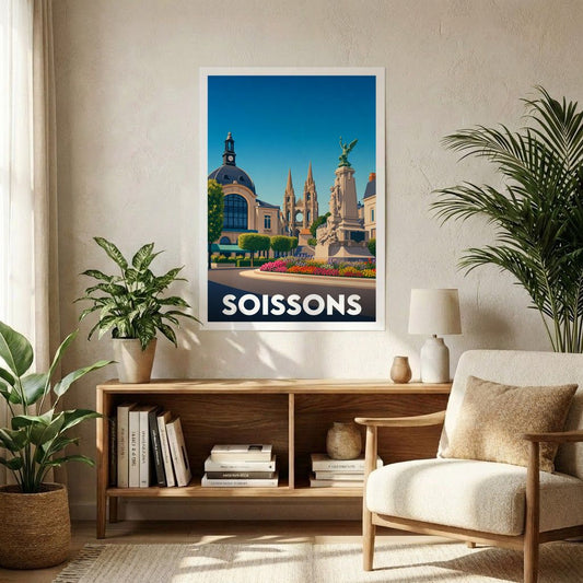 Affiche souvenir de la ville de Soissons avec une illustration stylisée.