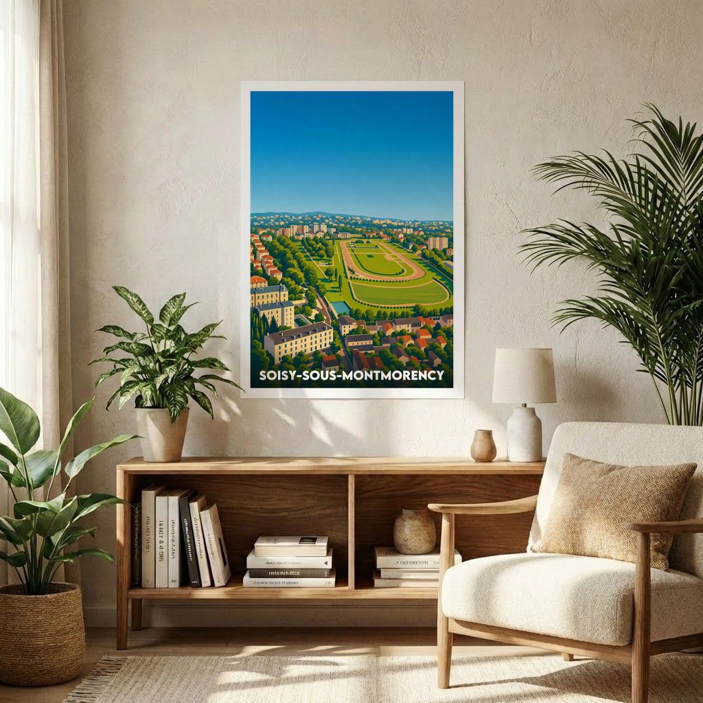 Affiche souvenir de la ville de Soisy-sous-Montmorency avec une illustration stylisée.
