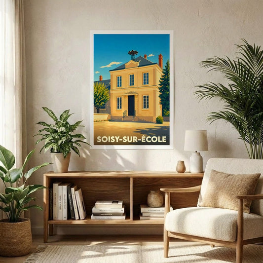 Affiche souvenir de la ville de Soisy-sur-École avec une illustration stylisée d'un bâtiment historique baigné de soleil.