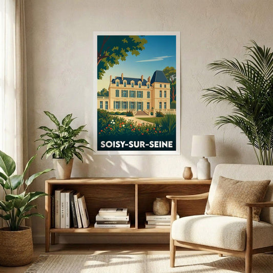 Affiche souvenir de la ville de Soisy-sur-Seine avec une illustration stylisée d'un château.