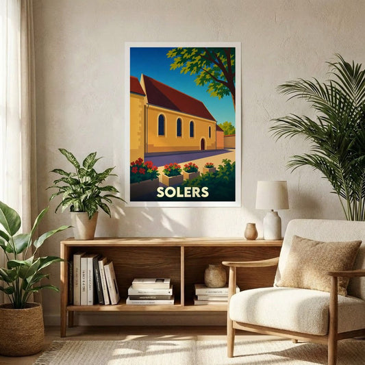 Affiche souvenir de la ville de Solers avec une illustration stylisée et colorée.