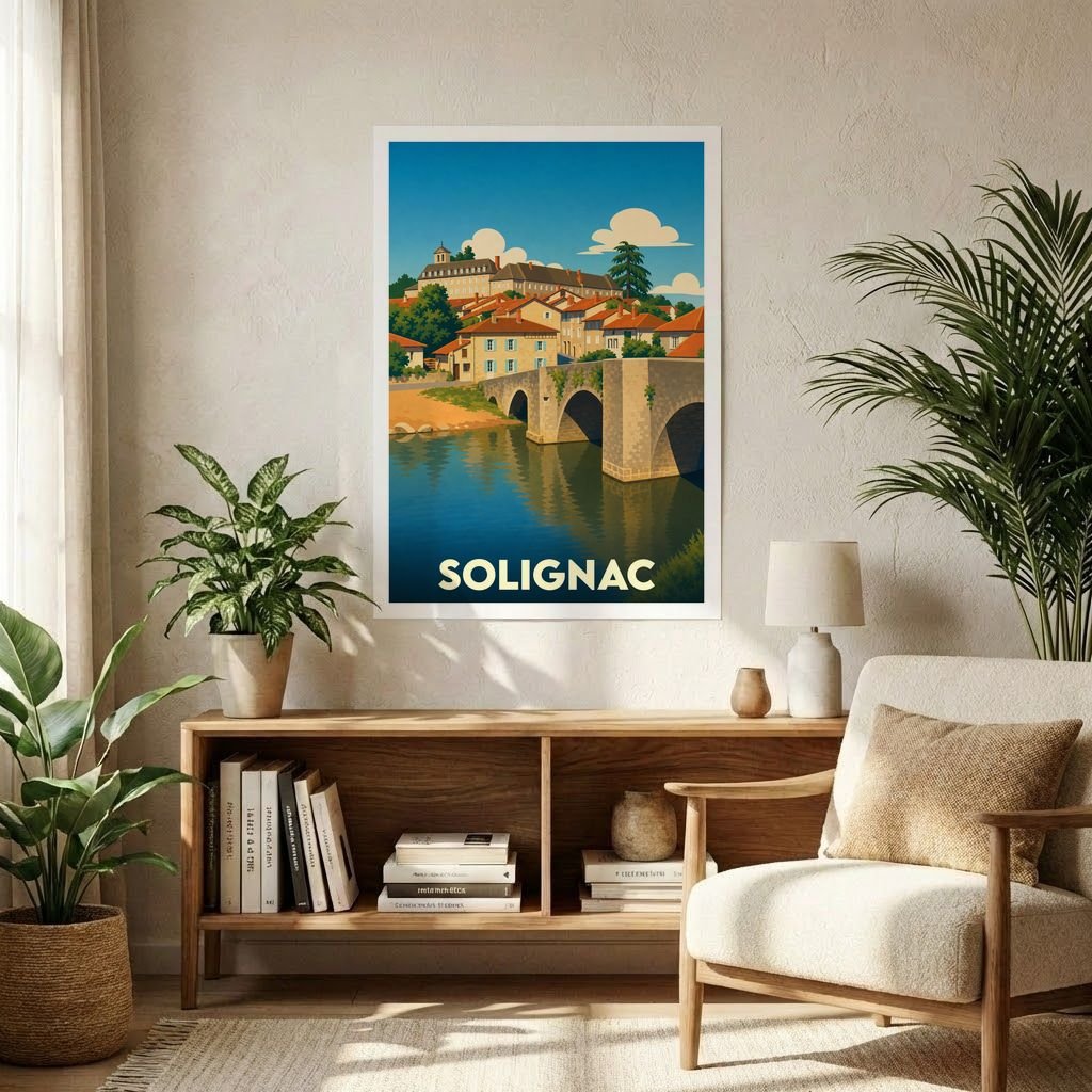 Affiche souvenir de la ville de Solignac avec une illustration stylisée d'un pont en pierre et de maisons colorées.