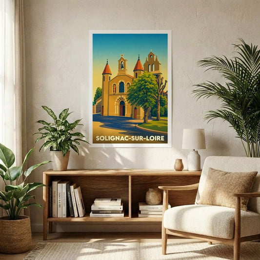 Affiche souvenir de la ville de Solignac-sur-Loire avec une illustration stylisée de son église sous un ciel azur.