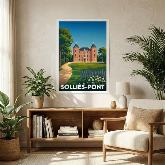 Affiche souvenir de la ville de Solliès-Pont illustrant son château dans un style vintage coloré.