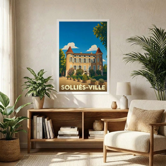 Affiche souvenir de la ville de Solliès-Ville avec une illustration stylisée d'un château provençal sous un ciel bleu.