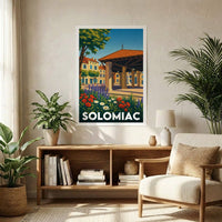 Affiche souvenir de la ville de Solomiac avec une illustration stylisée.