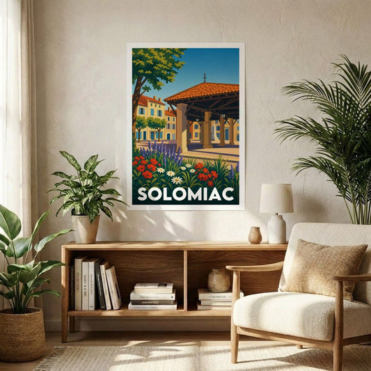 Affiche souvenir de la ville de Solomiac avec une illustration stylisée.