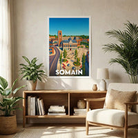 Affiche souvenir de la ville de Somain avec une illustration stylisée de son centre-ville.