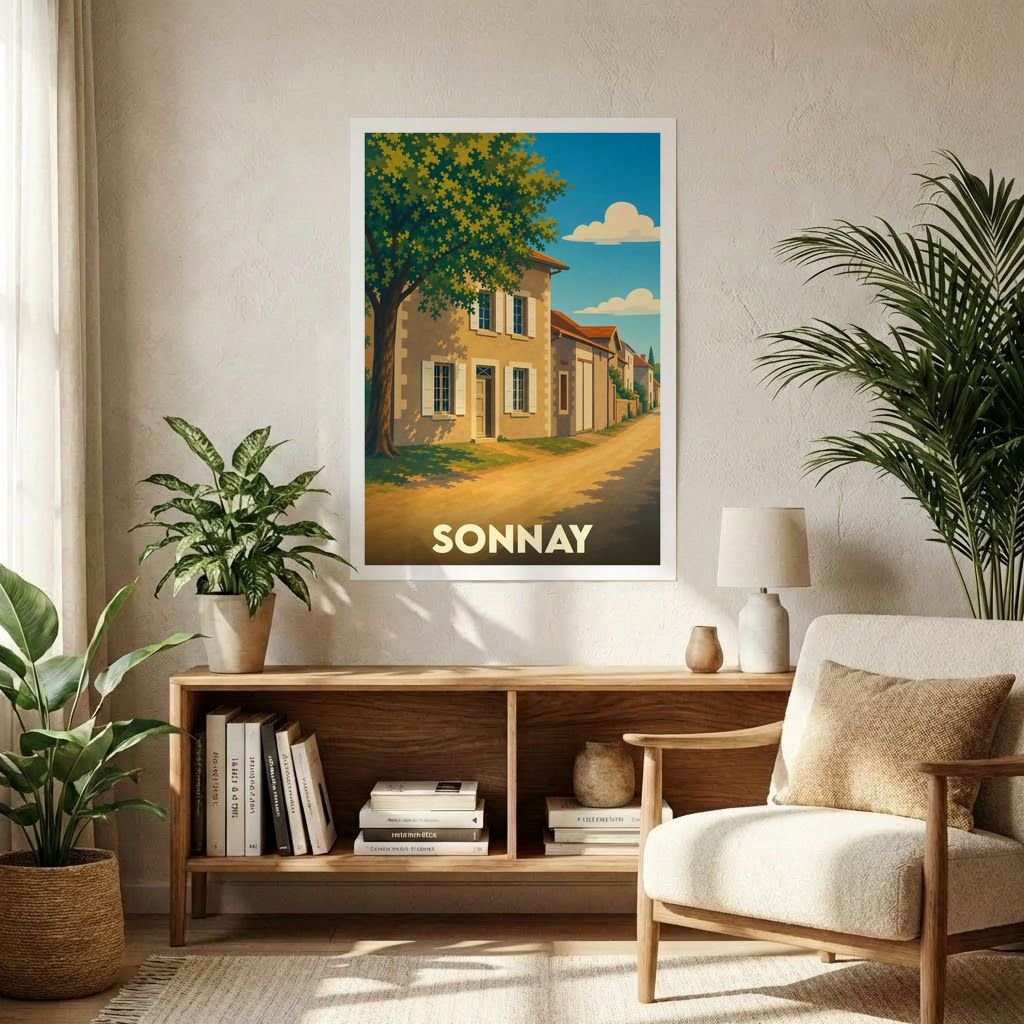 Affiche souvenir de la ville de Sonnay avec une illustration stylisée d'une rue ensoleillée bordée de maisons.