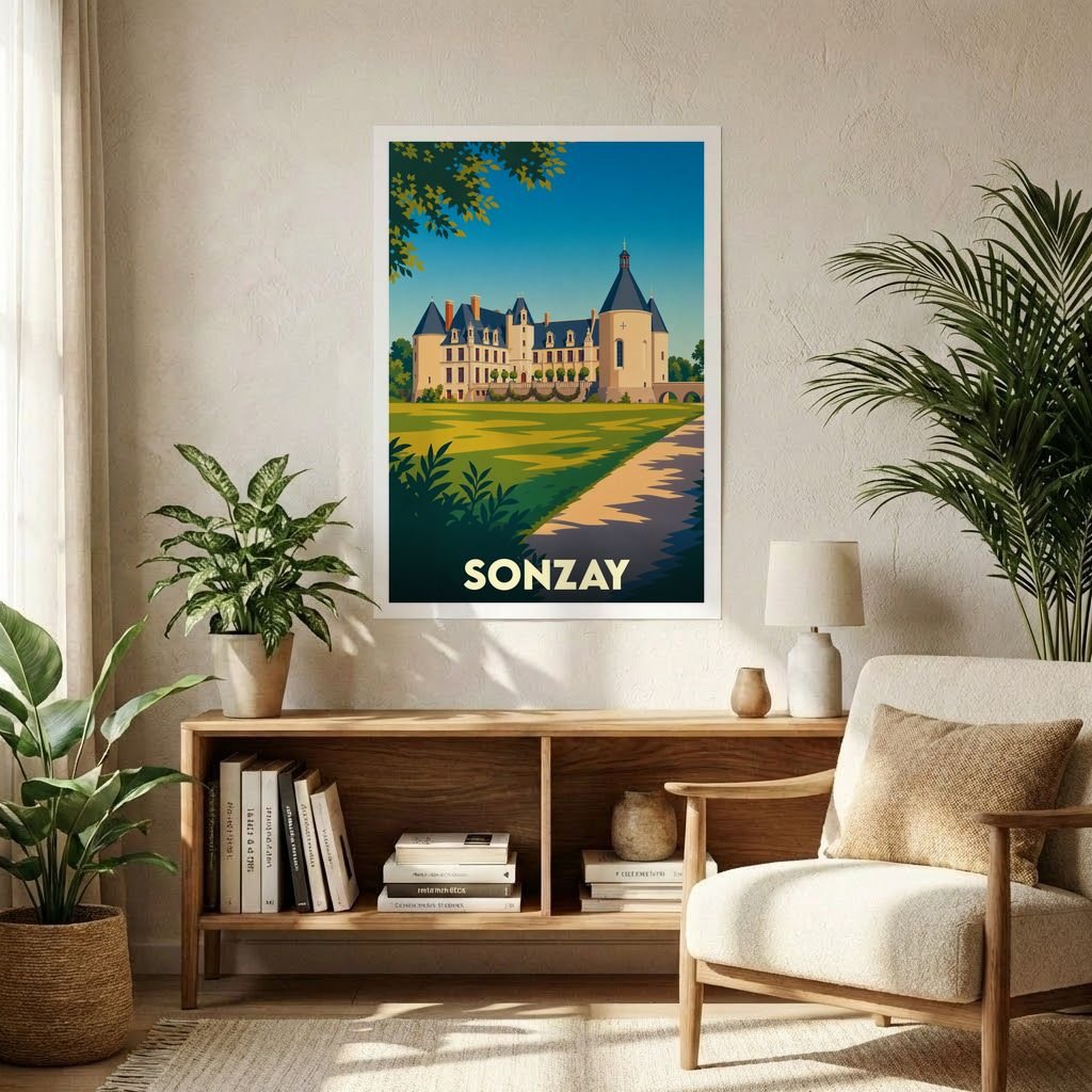 Affiche souvenir de la ville de Sonzay représentant son château dans un style graphique épuré et coloré.