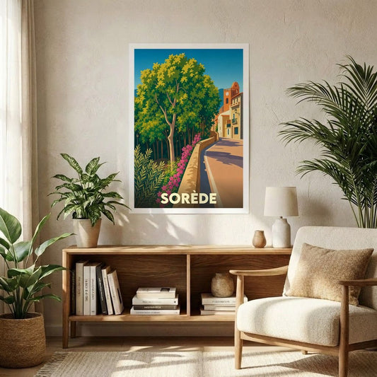 Affiche souvenir de la ville de Sorède avec une illustration stylisée et colorée.