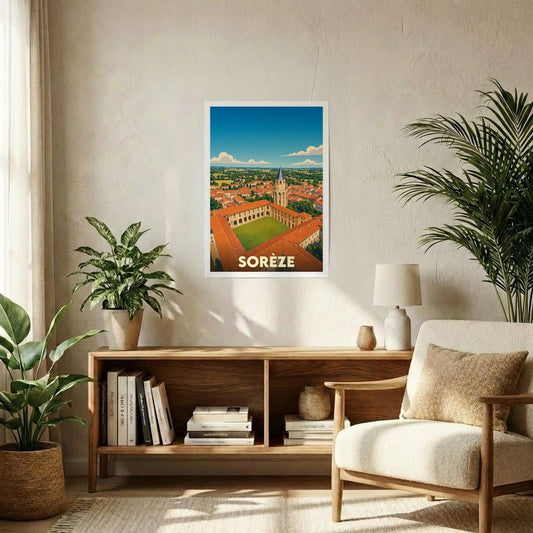 Affiche souvenir de la ville de Sorèze représentant une vue aérienne stylisée de son abbaye-école.