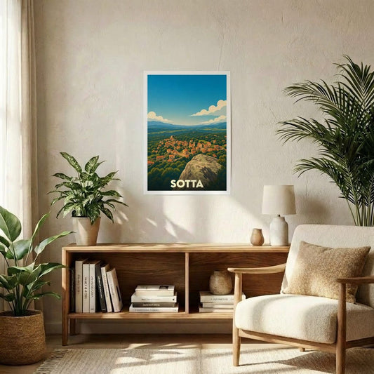 Affiche souvenir de la ville de Sotta avec une illustration stylisée d'un paysage corse.