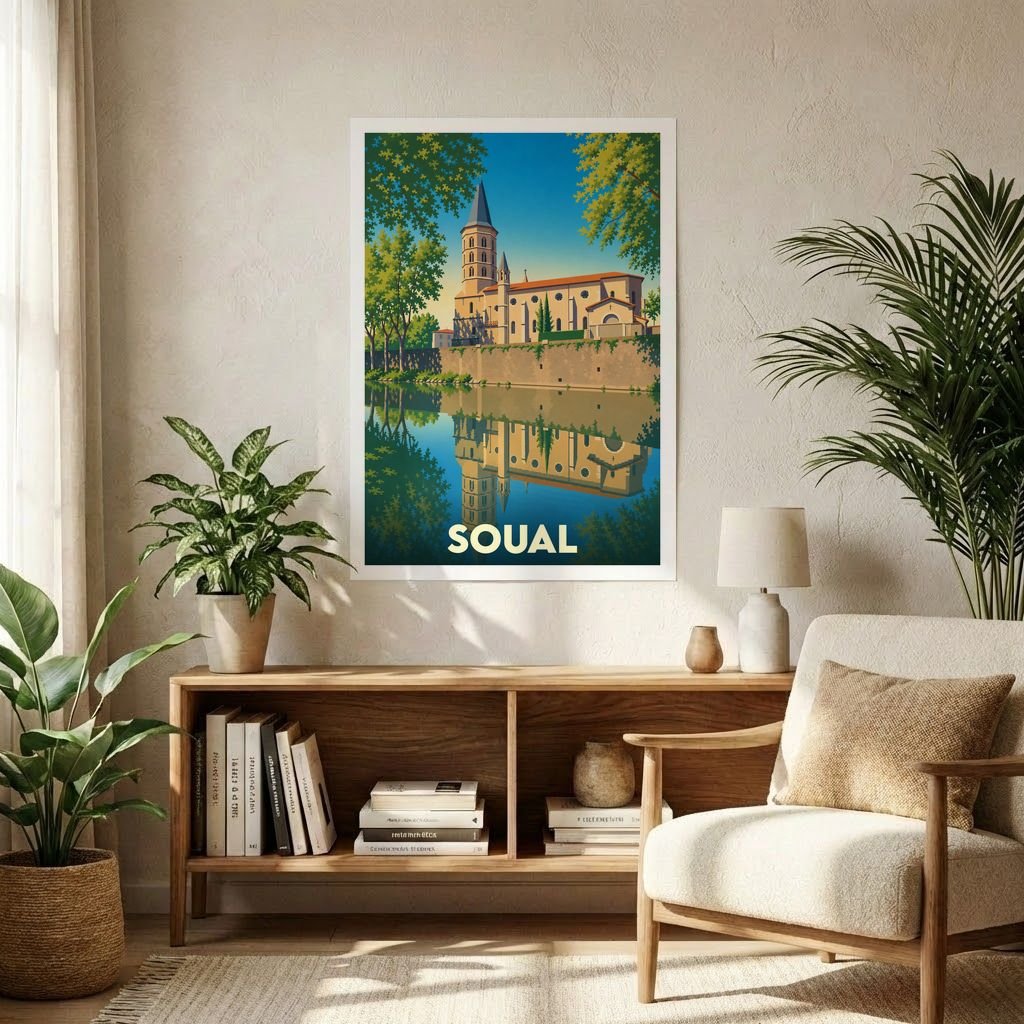 Affiche souvenir de la ville de Soual avec une illustration stylisée d'un clocher se reflétant sur l'eau.
