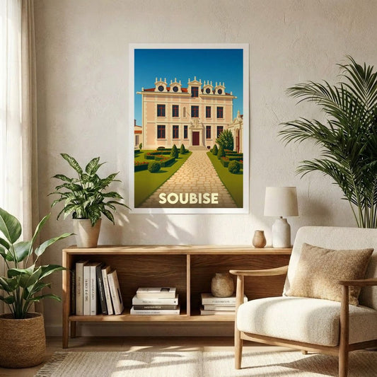 Affiche souvenir de la ville de Soubise avec une illustration stylisée de son patrimoine architectural et de ses jardins.