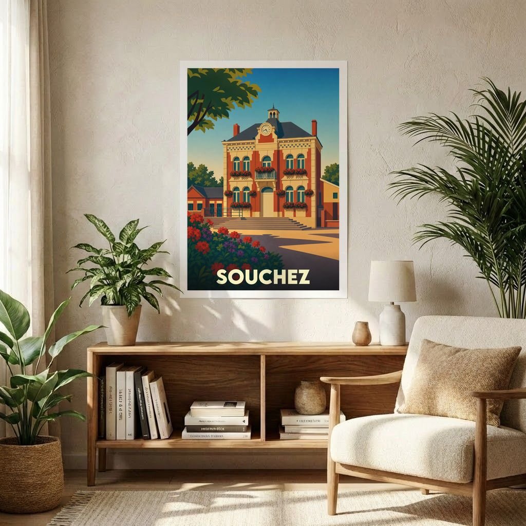 Affiche souvenir de la ville de Souchez illustrant son hôtel de ville dans un style rétro et coloré.