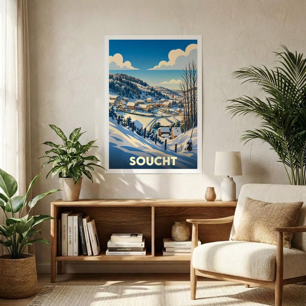 Affiche souvenir de la ville de Soucht représentant un paysage d'hiver enneigé dans un style graphique rétro.