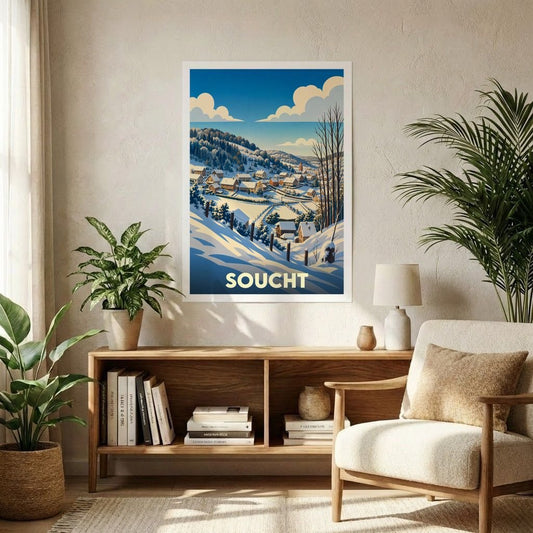 Affiche souvenir de la ville de Soucht représentant un paysage d'hiver enneigé dans un style graphique rétro.