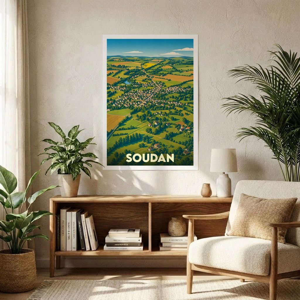 Affiche souvenir de la ville de Soudan avec une illustration paysagère stylisée en vue aérienne.