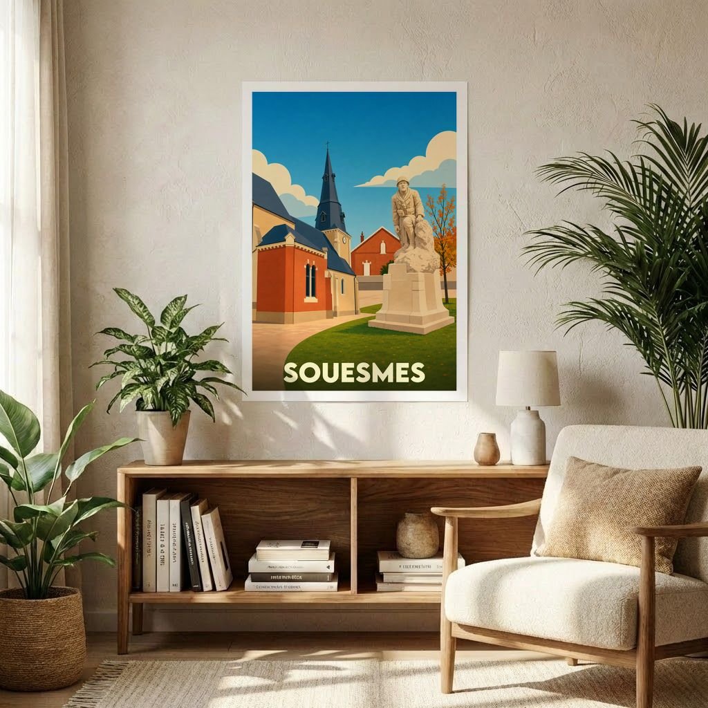 Affiche souvenir de la ville de Souesmes avec une illustration stylisée.