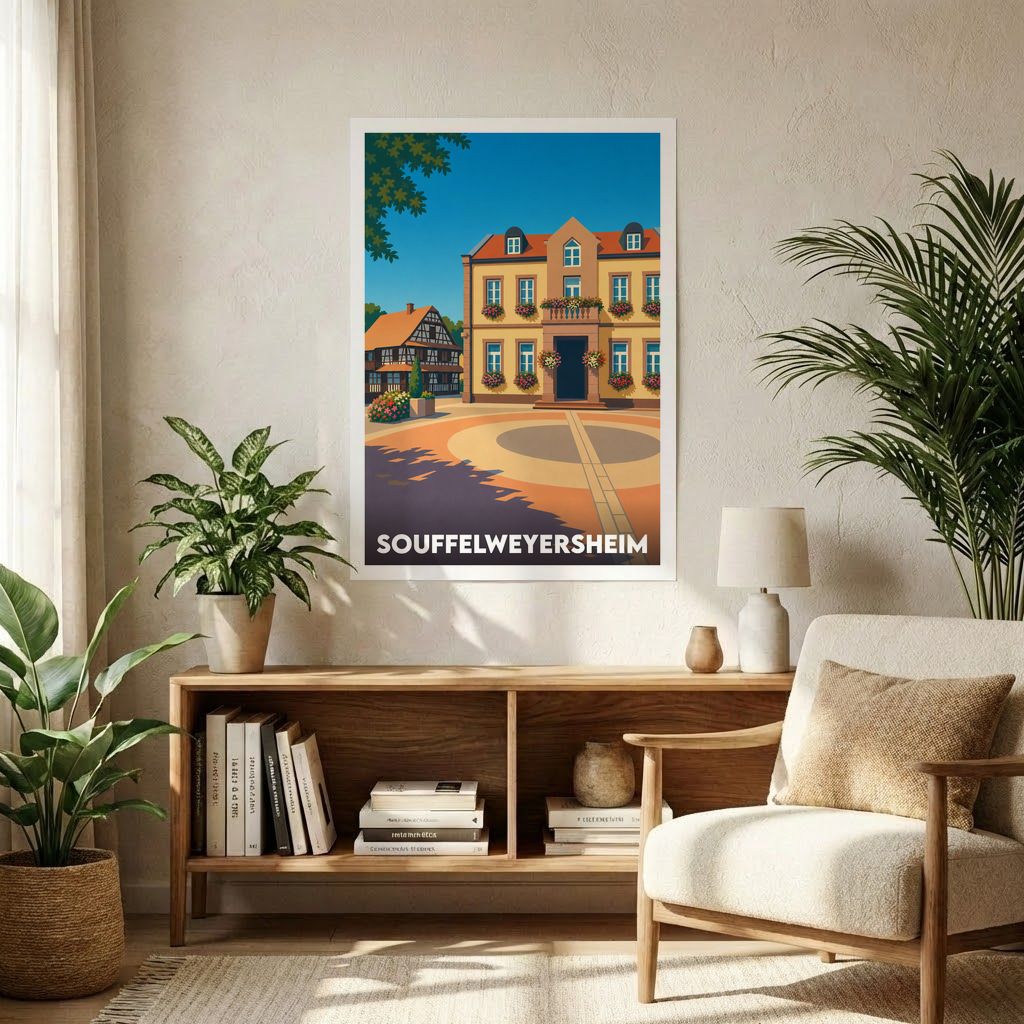 Affiche souvenir de la ville de Souffelweyersheim avec une illustration stylisée et colorée de son architecture typique.