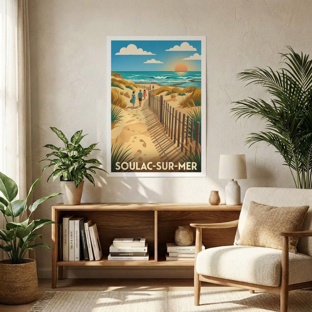 Affiche souvenir de la ville de Soulac-sur-Mer avec une illustration stylisée d'un chemin de dunes menant à la plage.
