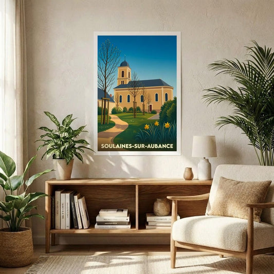 Affiche souvenir de la ville de Soulaines-sur-Aubance avec une illustration stylisée de son église et de son jardin.