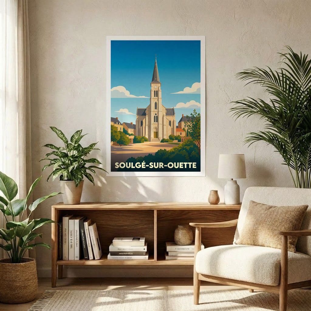 Affiche souvenir de la ville de Soulgé-sur-Ouette avec une illustration stylisée de son église.