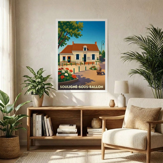 Affiche souvenir de la ville de Souligné-sous-Ballon avec une illustration stylisée d'une maison de village.