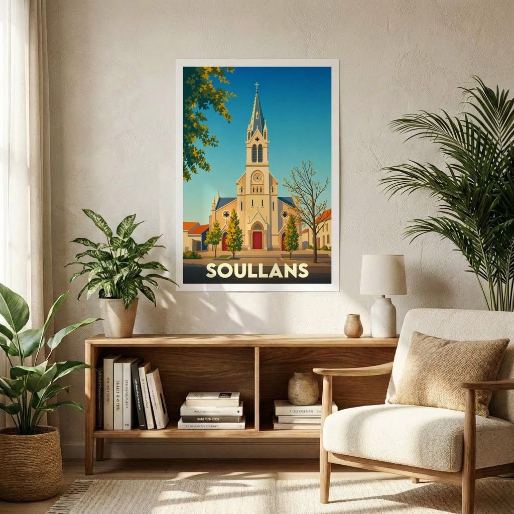 Affiche souvenir de la ville de Soullans avec une illustration stylisée de son église sous un ciel bleu.