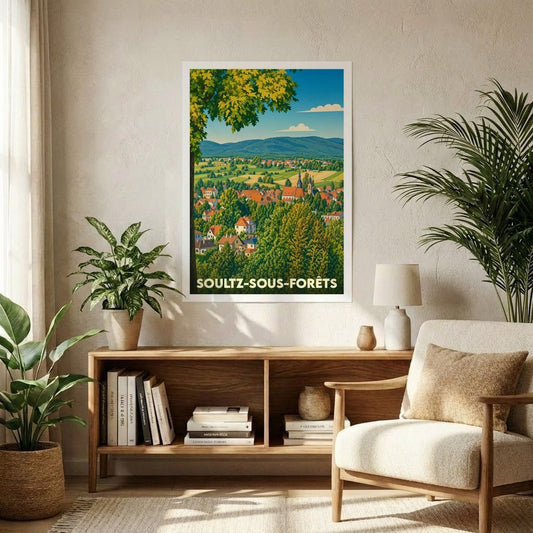 Affiche souvenir de la ville de Soultz-sous-Forêts avec une illustration stylisée de son paysage urbain et naturel.