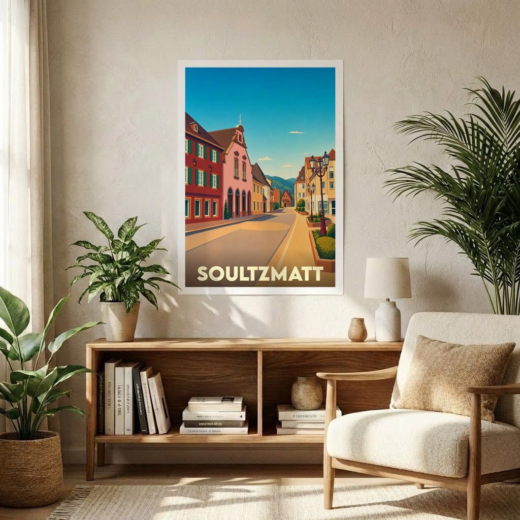 Affiche souvenir de la ville de Soultzmatt avec une illustration stylisée d'une rue pittoresque aux façades colorées.