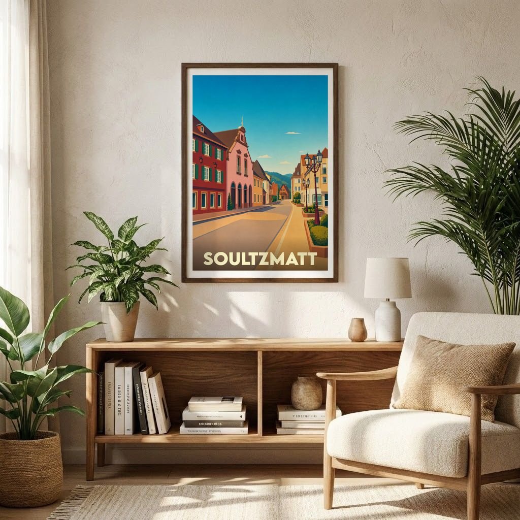 Affiche souvenir encadrée de la ville de Soultzmatt avec une illustration stylisée de ses rues colorées.