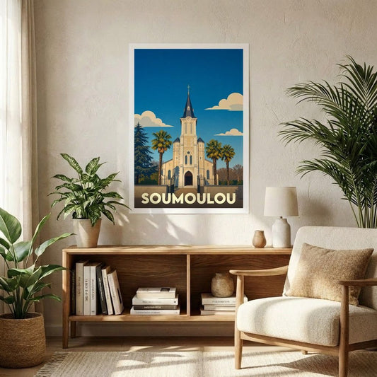 Affiche souvenir de la ville de Soumoulou représentant son église dans un style graphique rétro.