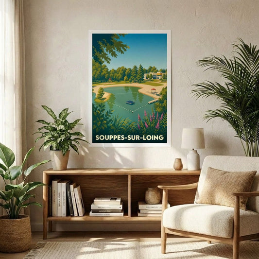 Affiche souvenir de la ville de Souppes-sur-Loing représentant sa base de loisirs dans un style graphique rétro.